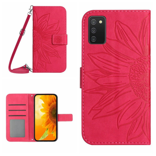Samsung Galaxy A03S 166mm Skin Feel Sun Flower Pattern Flip Leather Phone Case with Lanyard - Rose Red