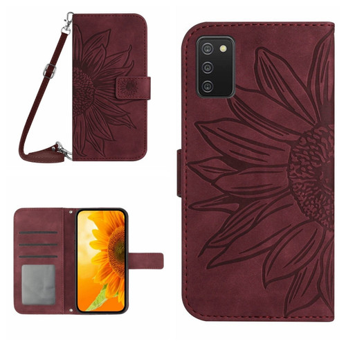 Samsung Galaxy A03S 165.85mm Skin Feel Sun Flower Pattern Flip Leather Phone Case with Lanyard - Wine Red