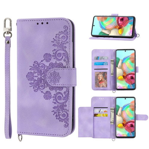 Samsung Galaxy A03s 166 Skin-feel Flowers Embossed Wallet Leather Phone Case - Purple