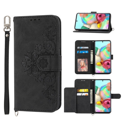 Samsung Galaxy A03s 164 Skin-feel Flowers Embossed Wallet Leather Phone Case - Black