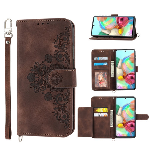 Samsung Galaxy A03s 166 Skin-feel Flowers Embossed Wallet Leather Phone Case - Brown