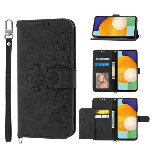 Samsung Galaxy A03s 165.8 Skin-feel Flowers Embossed Wallet Leather Phone Case - Black