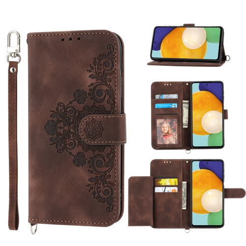 Samsung Galaxy A03s 165.8 Skin-feel Flowers Embossed Wallet Leather Phone Case - Brown