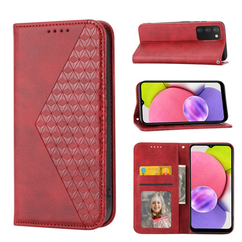 Samsung Galaxy A03s 166mm Cubic Grid Calf Texture Magnetic Closure Leather Phone Case - Red