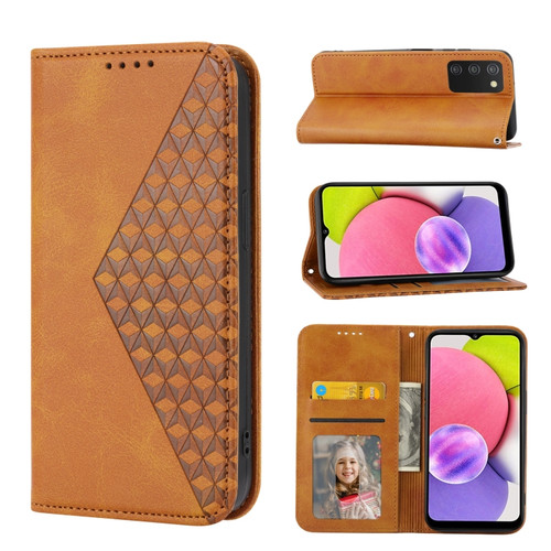Samsung Galaxy A03s 165.8mm Cubic Grid Calf Texture Magnetic Closure Leather Phone Case - Yellow