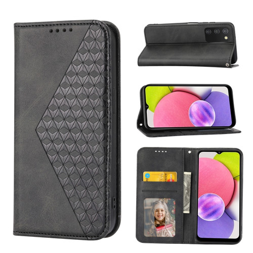 Samsung Galaxy A03s 166mm Cubic Grid Calf Texture Magnetic Closure Leather Phone Case - Black