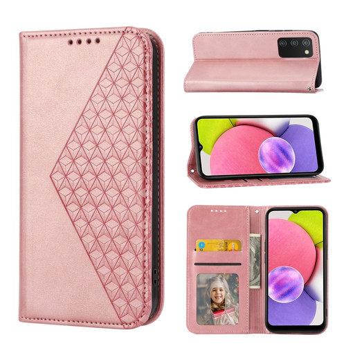 Samsung Galaxy A03s 165.8mm Cubic Grid Calf Texture Magnetic Closure Leather Phone Case - Rose Gold