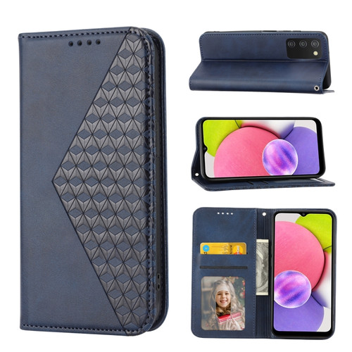 Samsung Galaxy A03s 166mm Cubic Grid Calf Texture Magnetic Closure Leather Phone Case - Blue