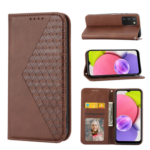 Samsung Galaxy A03s 166mm Cubic Grid Calf Texture Magnetic Closure Leather Phone Case - Brown