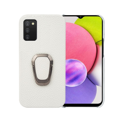 Samsung Galaxy A03s Ring Holder Litchi Texture Genuine Leather Phone Case - White