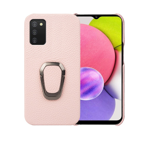 Samsung Galaxy A03s Ring Holder Litchi Texture Genuine Leather Phone Case - Pink