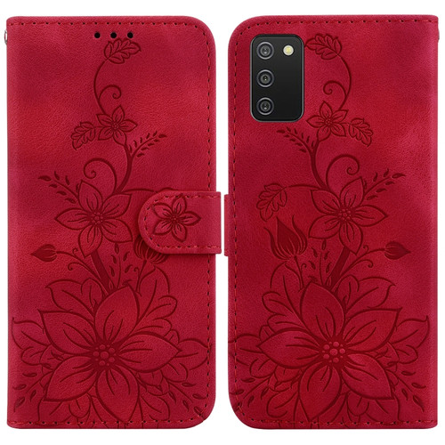 Samsung Galaxy A03s EU 166.5mm Lily Embossed Leather Phone Case - Red