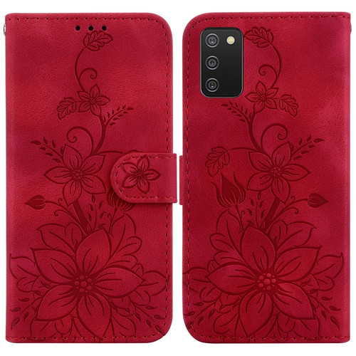 Samsung Galaxy A03s US 164.2mm Lily Embossed Leather Phone Case - Red