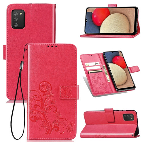 Samsung Galaxy A03s 166mm Four-leaf Clasp Embossed Leather Case with Lanyard & Card Slot & Wallet & Holder - Rose Red
