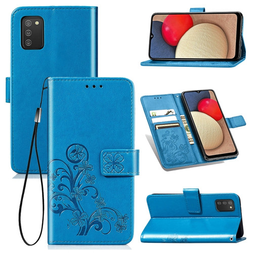 Samsung Galaxy A03s 166mm Four-leaf Clasp Embossed Leather Case with Lanyard & Card Slot & Wallet & Holder - Blue