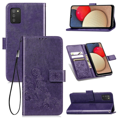 Samsung Galaxy A03s 166mm Four-leaf Clasp Embossed Leather Case with Lanyard & Card Slot & Wallet & Holder - Purple