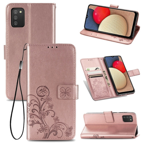 Samsung Galaxy A03s 166mm Four-leaf Clasp Embossed Leather Case with Lanyard & Card Slot & Wallet & Holder - Rose Gold