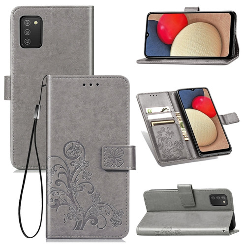 Samsung Galaxy A03s 166mm Four-leaf Clasp Embossed Leather Case with Lanyard & Card Slot & Wallet & Holder - Grey