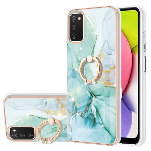 Samsung Galaxy A03s 166mm Electroplating Marble Pattern IMD TPU Shockproof Case with Ring Holder - Green 003