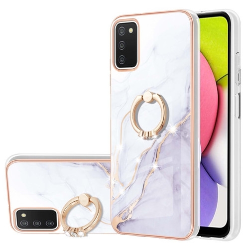 Samsung Galaxy A03s 166mm Electroplating Marble Pattern IMD TPU Shockproof Case with Ring Holder - White 006