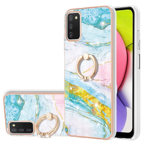 Samsung Galaxy A03s 166mm Electroplating Marble Pattern IMD TPU Shockproof Case with Ring Holder - Green 004