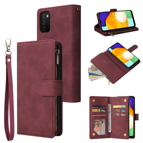 Samsung Galaxy A03s 166.5mm Multifunctional Frosted Zipper Wallet Leather Phone Case - Wine Red