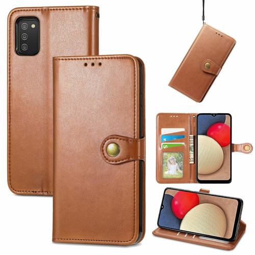 Samsung Galaxy A03s 164mm Solid Color Leather Buckle Phone Case with Lanyard & Photo Frame & Card Slot & Wallet & Stand Function - Brown