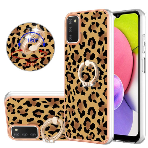 Samsung Galaxy A03s US Version Electroplating Dual-side IMD Phone Case with Ring Holder - Leopard Print