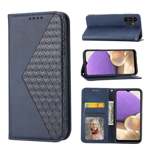 Samsung Galaxy A13 4G / 5G Cubic Grid Calf Texture Magnetic Closure Leather Phone Case - Blue