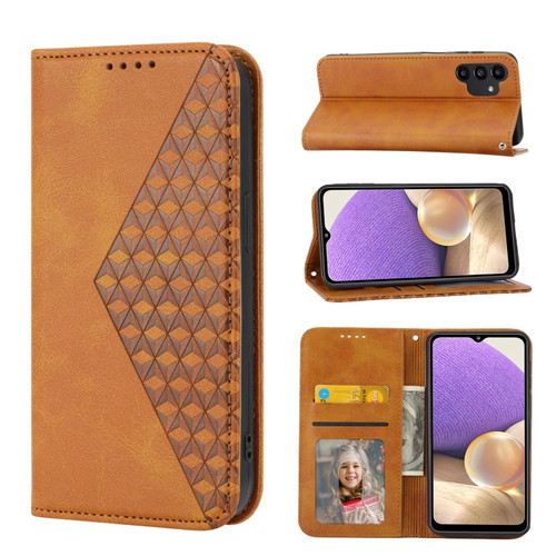 Samsung Galaxy A13 4G / 5G Cubic Grid Calf Texture Magnetic Closure Leather Phone Case - Yellow