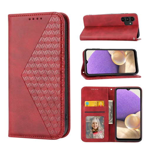 Samsung Galaxy A13 4G / 5G Cubic Grid Calf Texture Magnetic Closure Leather Phone Case - Red
