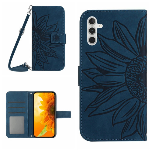 Samsung Galaxy A13 5G Skin Feel Sun Flower Pattern Flip Leather Phone Case with Lanyard - Inky Blue