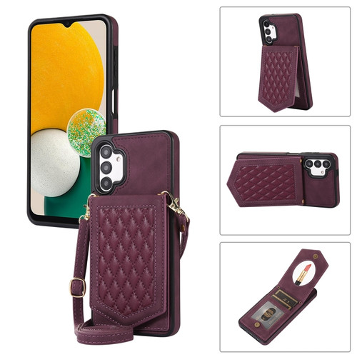 Samsung Galaxy A13 5G / 4G Rhombic Texture RFID Phone Case with Lanyard & Mirror - Wine Red