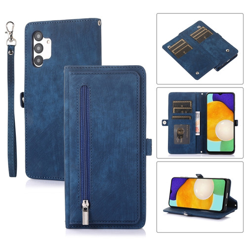 Samsung Galaxy A13 4G / 5G Zipper Card Slot Buckle Wallet Leather Phone Case - Blue