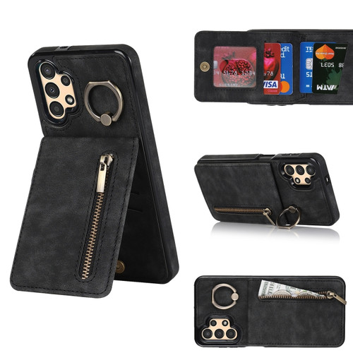 Samsung Galaxy A13 4G / 5G Retro Ring and Zipper RFID Card Slot Phone Case - Black