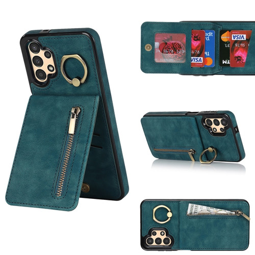 Samsung Galaxy A13 4G / 5G Retro Ring and Zipper RFID Card Slot Phone Case - Blue