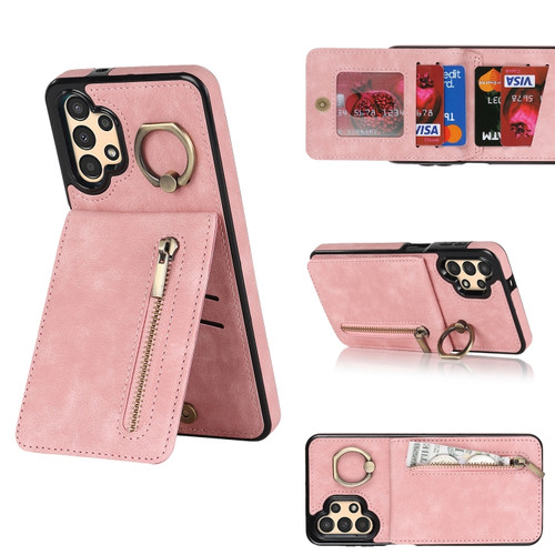 Samsung Galaxy A13 4G / 5G Retro Ring and Zipper RFID Card Slot Phone Case - Pink