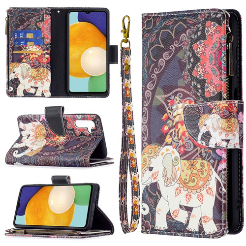 Samsung Galaxy A13 5G Colored Drawing Pattern Zipper Horizontal Flip Phone Leather Case with Holder & Card Slots & Wallet - Flower Elephants