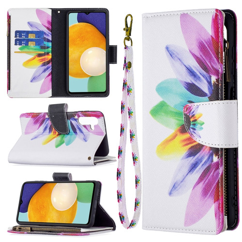 Samsung Galaxy A13 5G Colored Drawing Pattern Zipper Horizontal Flip Phone Leather Case with Holder & Card Slots & Wallet - Sun Flower