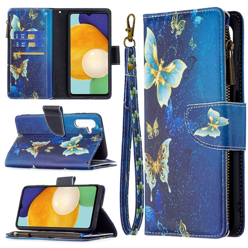 Samsung Galaxy A13 5G Colored Drawing Pattern Zipper Horizontal Flip Phone Leather Case with Holder & Card Slots & Wallet - Gold Butterfly