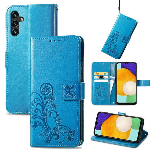 Samsung Galaxy A13 5G Four-leaf Clasp Embossed Leather Phone Case with Lanyard & Card Slot & Wallet & Bracket Function - Blue