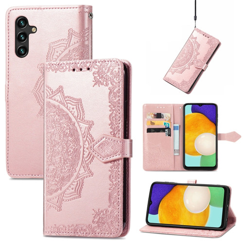 Samsung Galaxy A13 5G Mandala Flower Embossed Horizontal Flip Leather Case with Holder & Card Slots & Wallet & Lanyard - Rose Gold