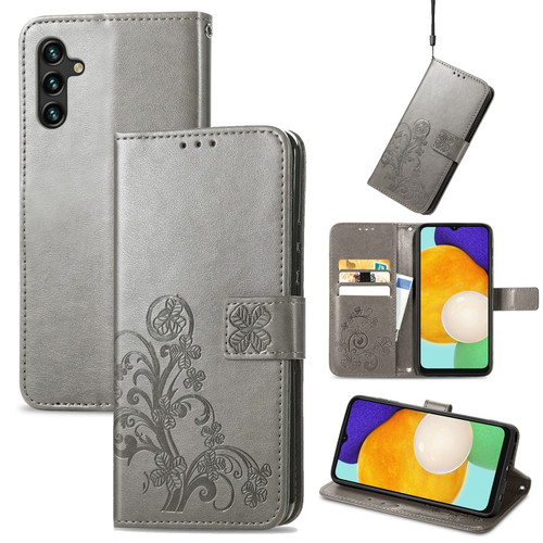 Samsung Galaxy A13 5G Four-leaf Clasp Embossed Leather Phone Case with Lanyard & Card Slot & Wallet & Bracket Function - Grey