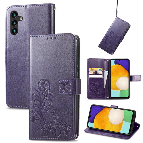 Samsung Galaxy A13 5G Four-leaf Clasp Embossed Leather Phone Case with Lanyard & Card Slot & Wallet & Bracket Function - Purple