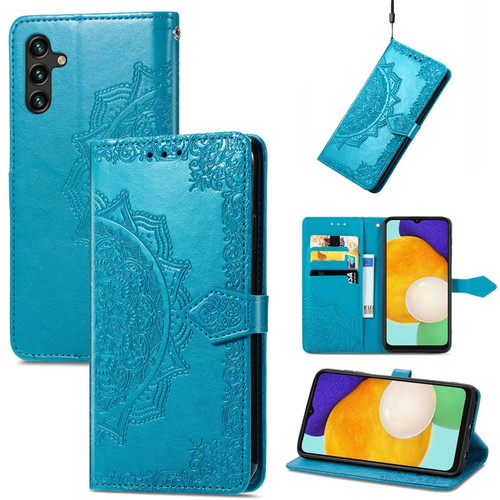 Samsung Galaxy A13 5G Mandala Flower Embossed Horizontal Flip Leather Case with Holder & Card Slots & Wallet & Lanyard - Blue