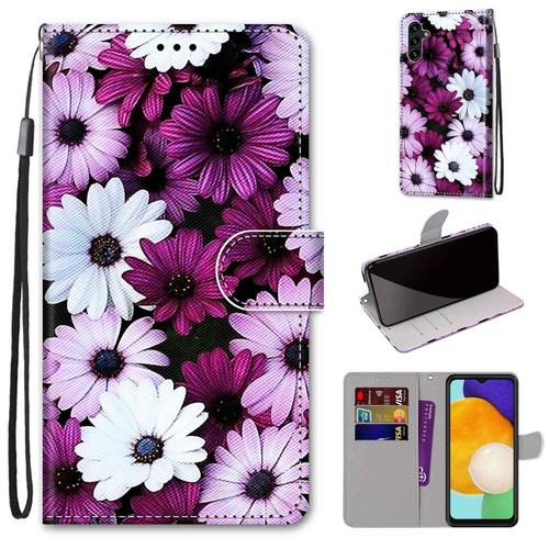 Samsung Galaxy A13 5G Coloured Drawing Cross Texture Horizontal Flip PU Phone Leather Case with Holder & Card Slots & Wallet & Lanyard - Colorful Layer - Chrysanthemum Pink White Purple