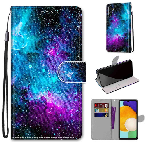 Samsung Galaxy A13 5G Coloured Drawing Cross Texture Horizontal Flip PU Phone Leather Case with Holder & Card Slots & Wallet & Lanyard - Colorful Layer - Purple Green Starry Sky