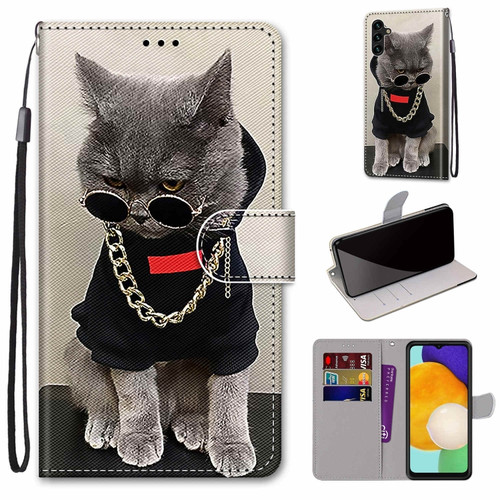 Samsung Galaxy A13 5G Coloured Drawing Cross Texture Horizontal Flip PU Phone Leather Case with Holder & Card Slots & Wallet & Lanyard - Colorful Layer - Golden Chain Grey Cat