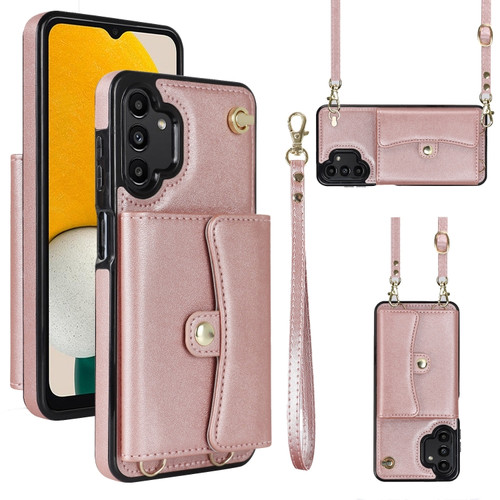 Samsung Galaxy A13 4G / 5G RFID Card Slot Leather Phone Case with Long Lanyard - Rose Gold