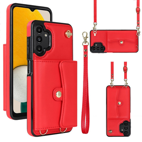 Samsung Galaxy A13 4G / 5G RFID Card Slot Leather Phone Case with Long Lanyard - Red